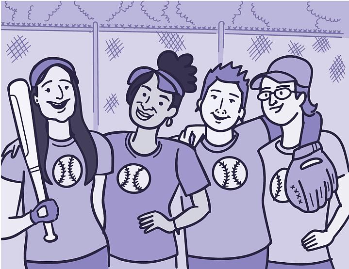 Illustration of a group of friends playing softball posing for a team photo.