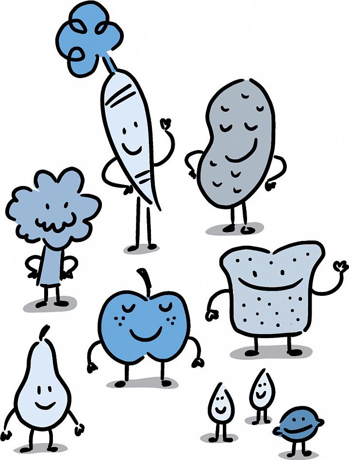 Illustration of fruits and vegetables with smiling faces
