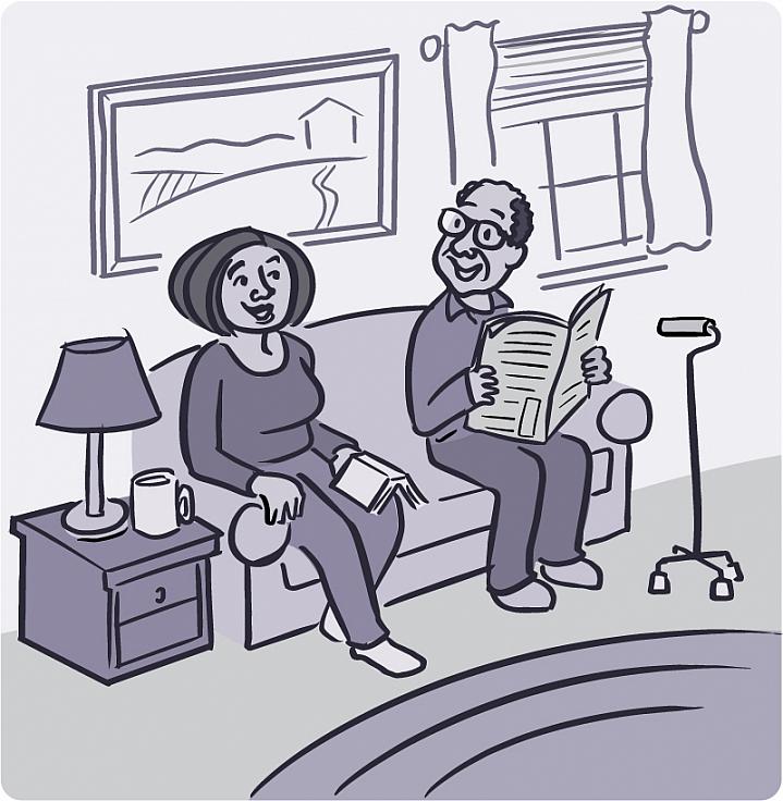 Illustration of a smiling older man and woman sitting on the couch with a walking cane nearby.