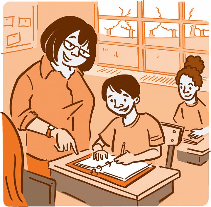 Illustration of a teacher helping young students in a classroom