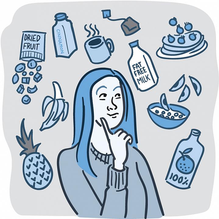 Illustration of woman surrounded by healthy foods without added sugar