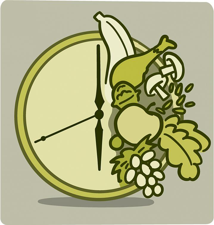 Illustration of food covering half of a clock