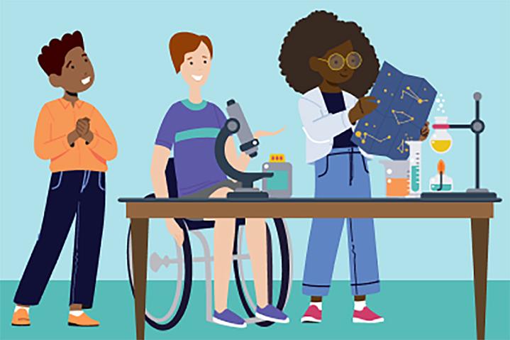Illustration of three kids doing science in a lab.
